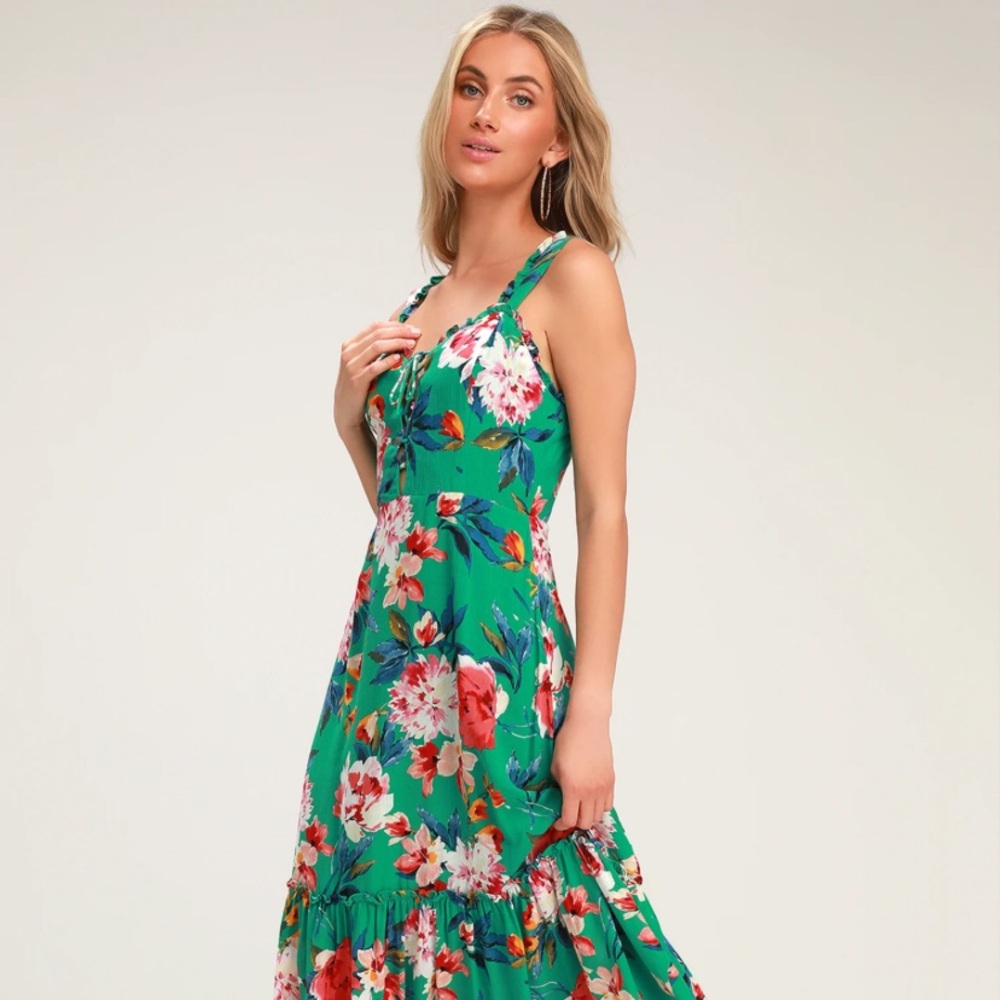 Lulu’s Kayley Green Floral Print Midi Dress 🌸